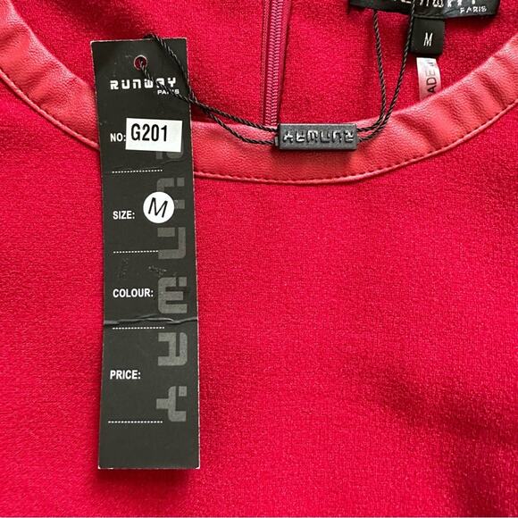 RW Runway Paris Dress Red Cap Sleeve Faux Leather Trim Career Dress Medium NEW - Picture 9 of 12